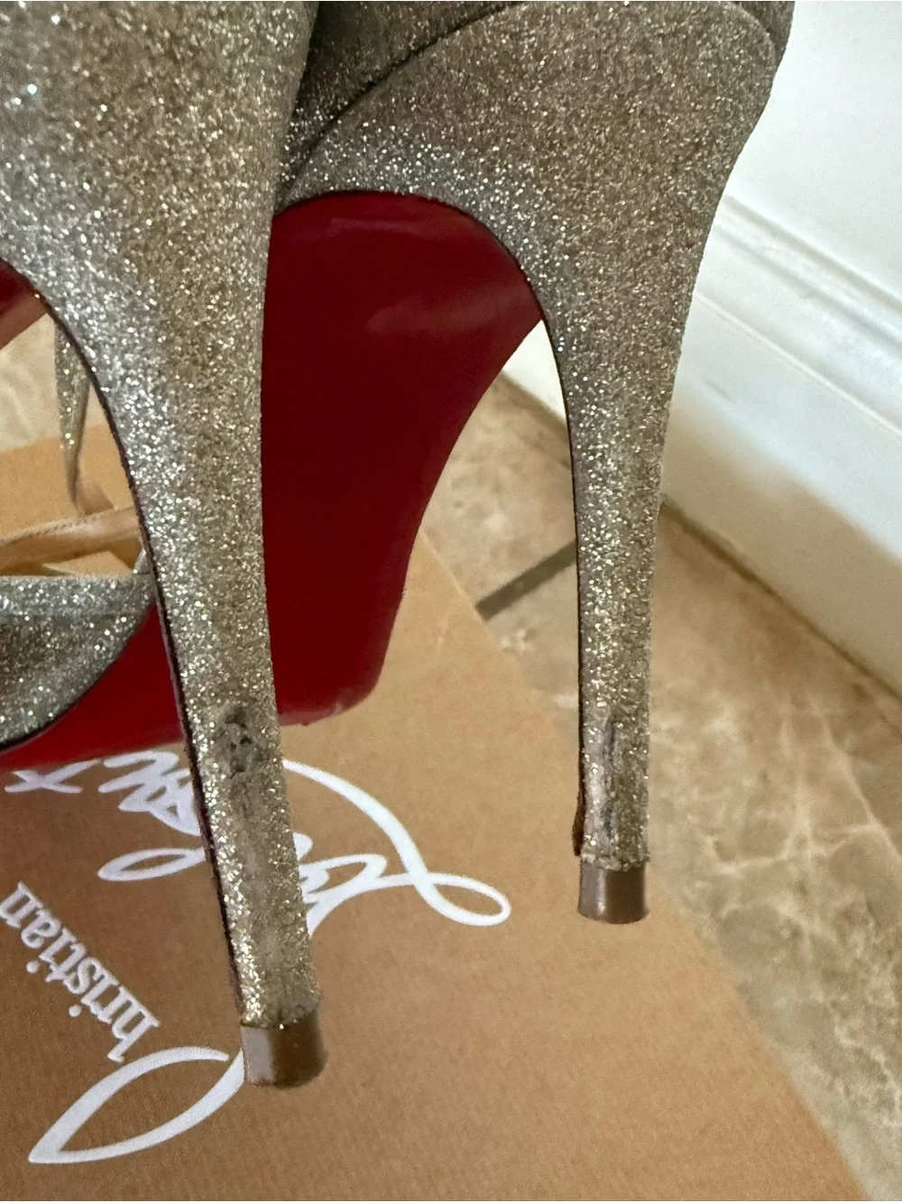 Christian Louboutin Glitter Slingback Peep-Toe Pumps in Silver